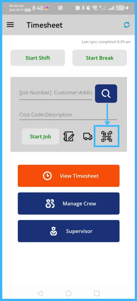 The Scan icon for scanning a work order barcode