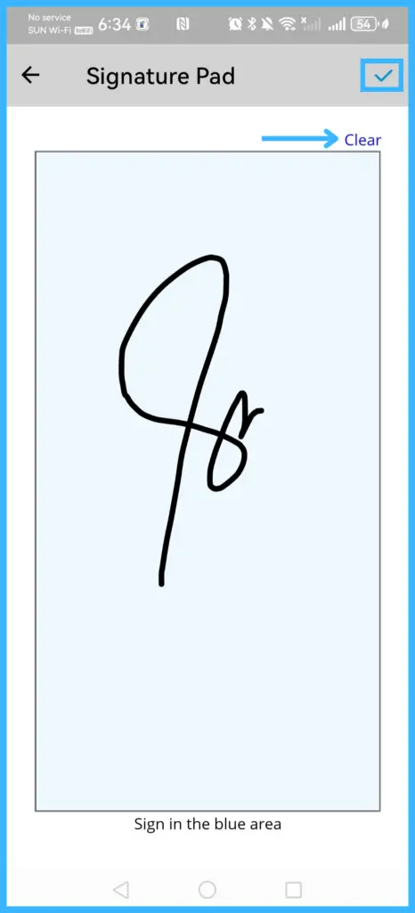 The signature pad with Clear and Save
