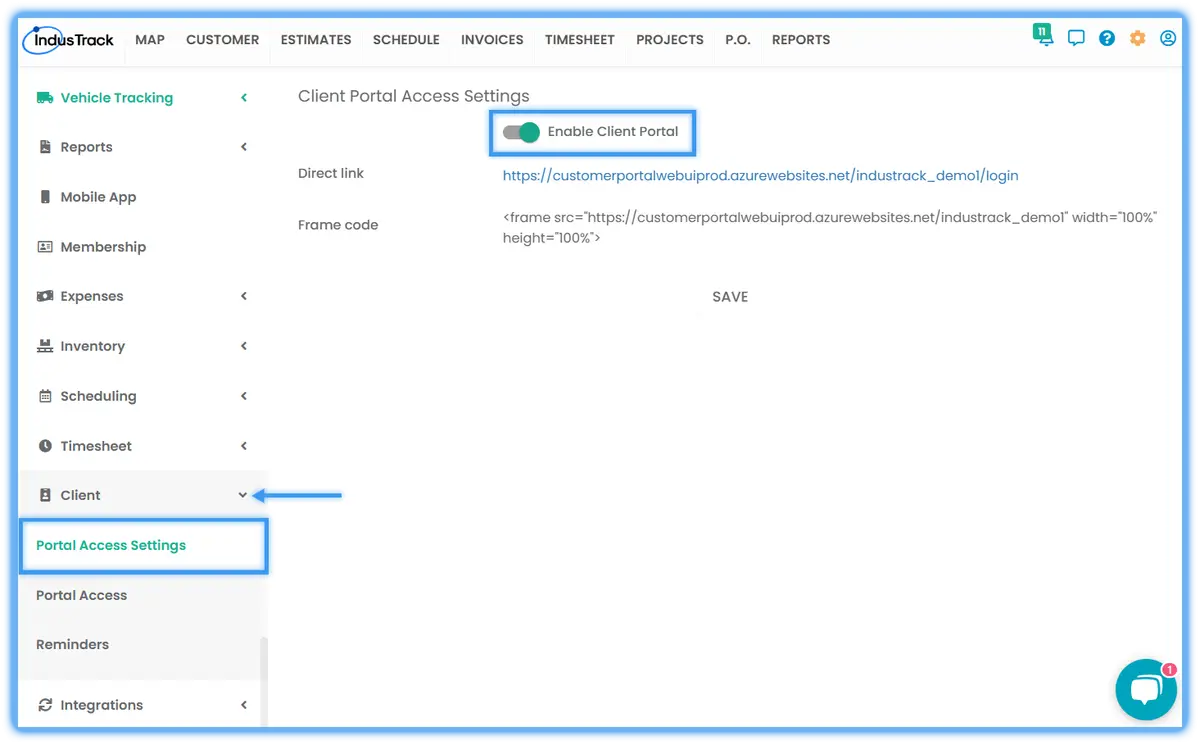 The Portal Access Settings page with the Client Portal switch