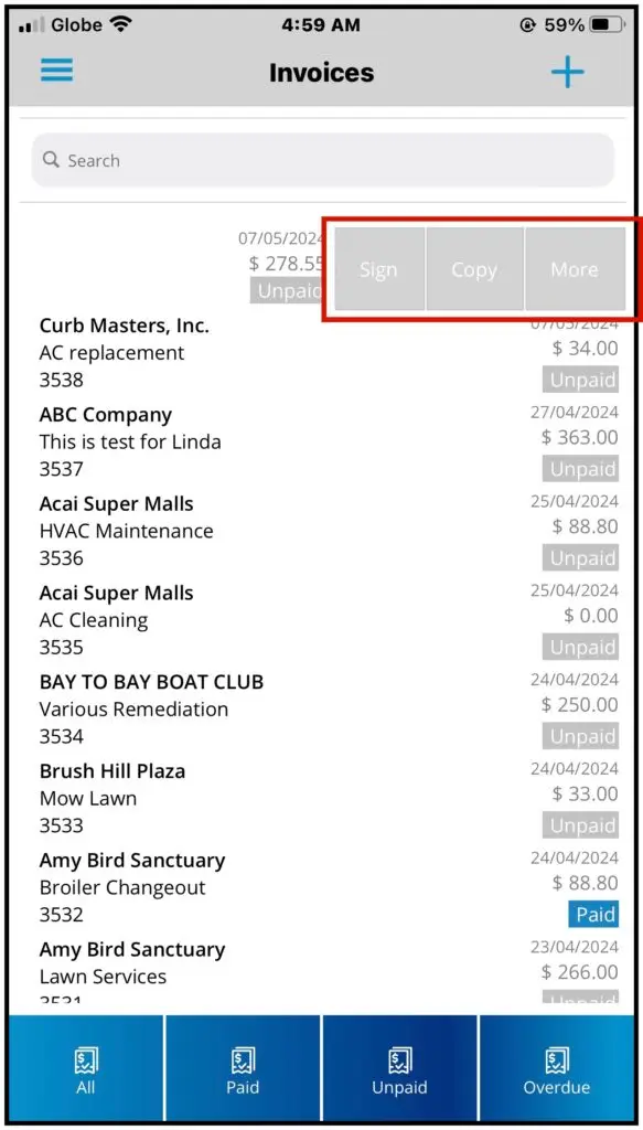 Swiping left on an invoice to show Sign and Copy