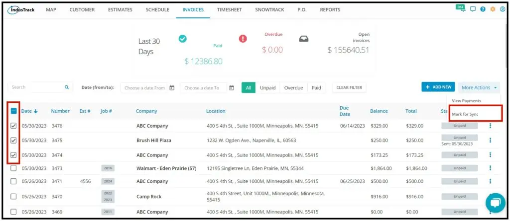 Selected invoices and the Mark for Sync option