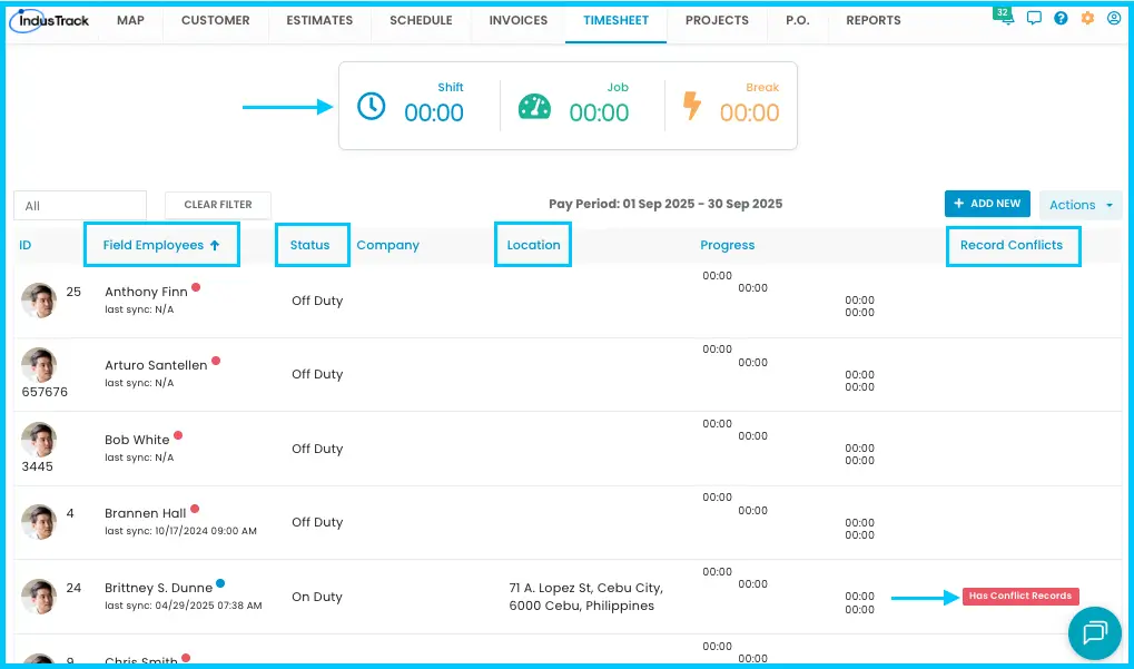 The Timesheet page with the Shift, Job and Break summary and the list of field employees