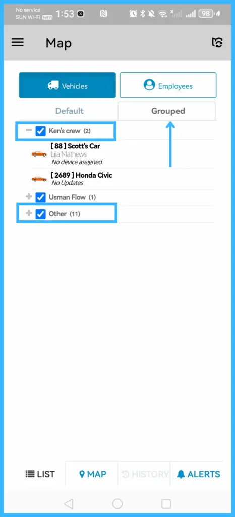 The Grouped tab showing vehicles by group