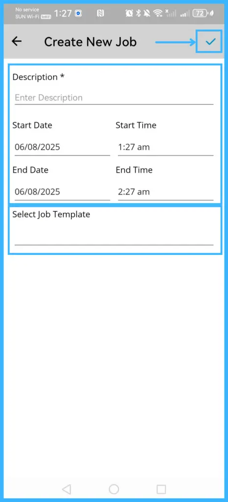 The new job details with description, number, dates and job template