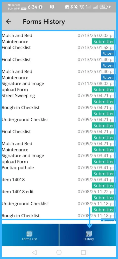 The History tab with saved and submitted forms