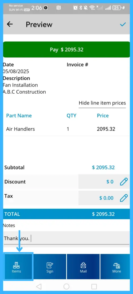 The Items tab on an invoice