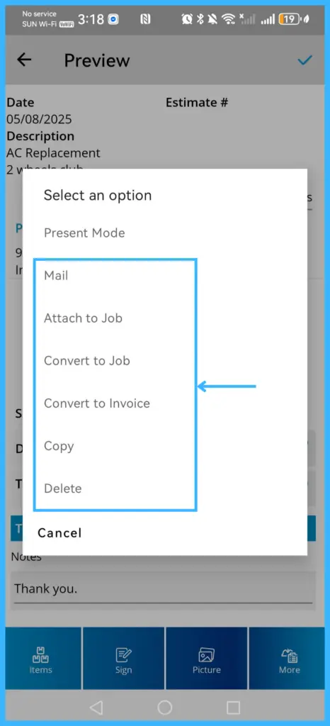 The More menu on an estimate: Mail, Attach to Job, Convert to Job, Convert to Invoice, Copy and Delete