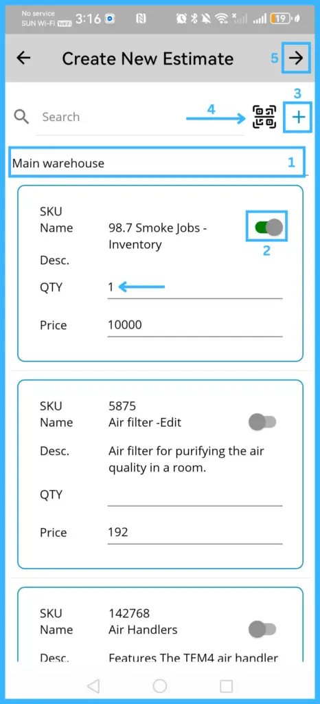Adding items from a warehouse with the slider and quantity