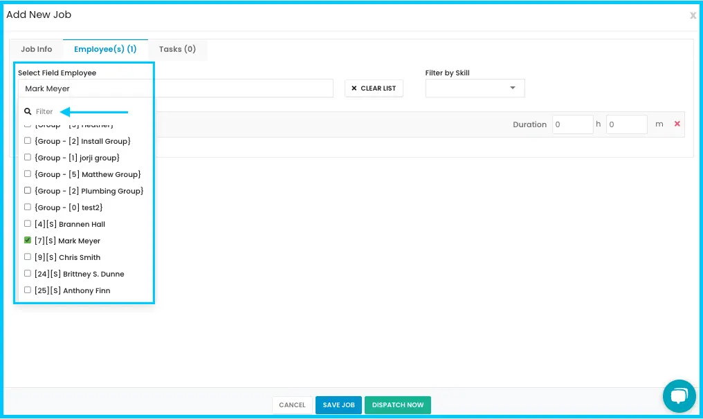 The Employees tab with crew members selected for the job