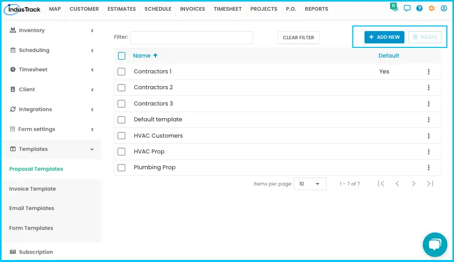 The Add New and Delete buttons at the top of the Proposal Templates page