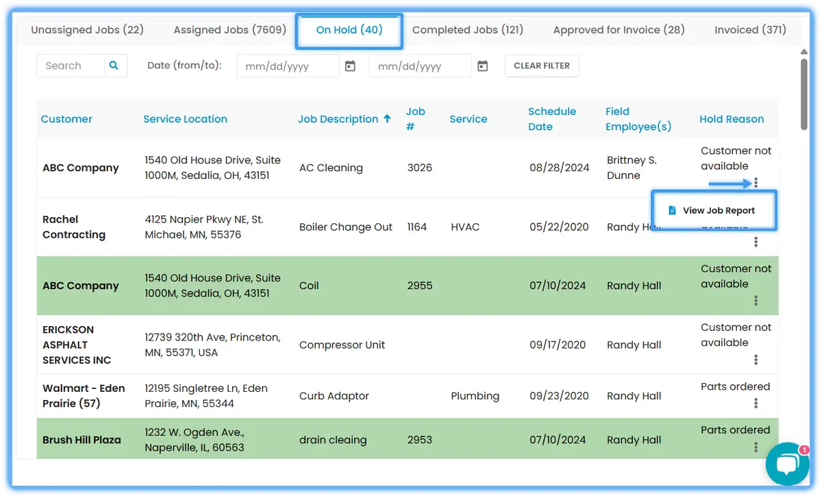 The On Hold section with the three-dot menu and Job Report option