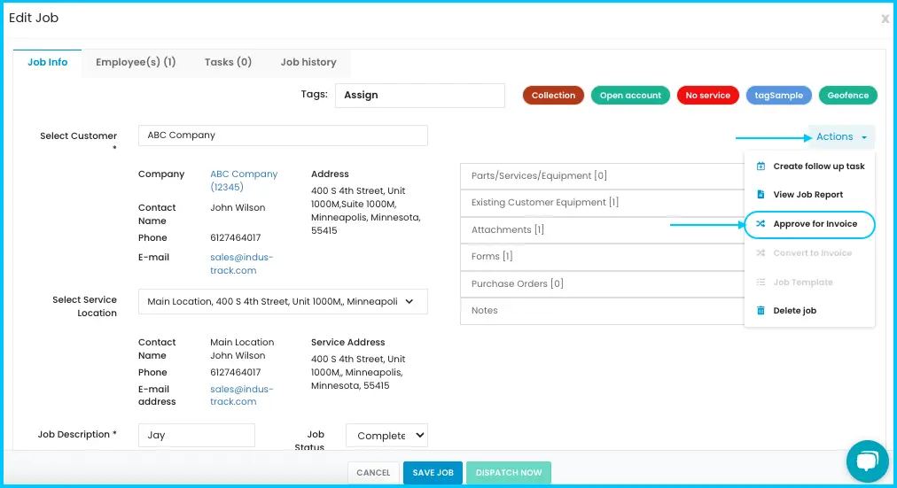 The Actions menu on a completed job with Approve for Invoice