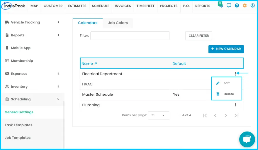 The calendars list with the three-dot menu for Edit and Delete