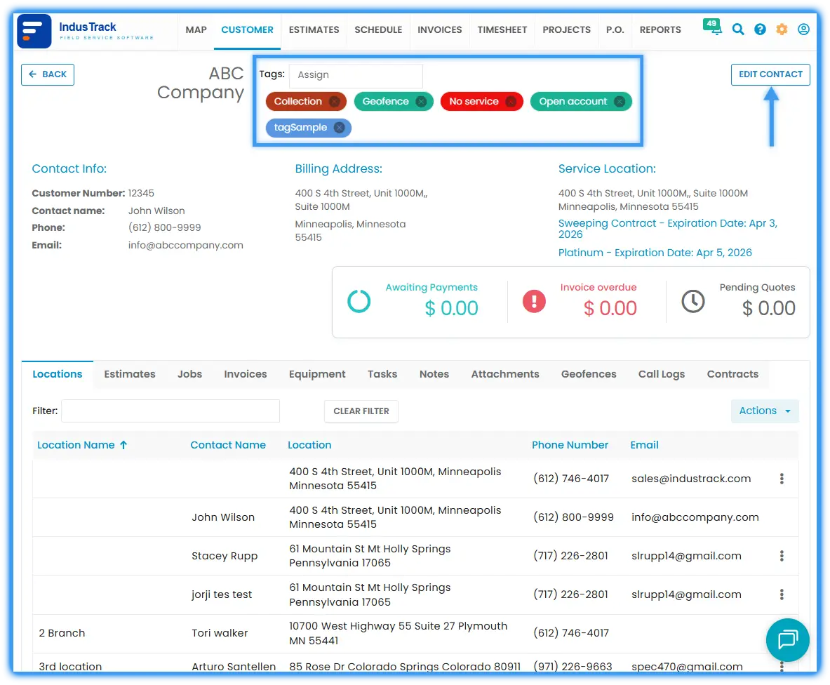 A customer profile with the Tags field and the Edit Contact button