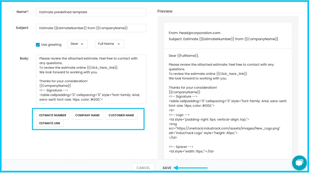 The Estimate email template