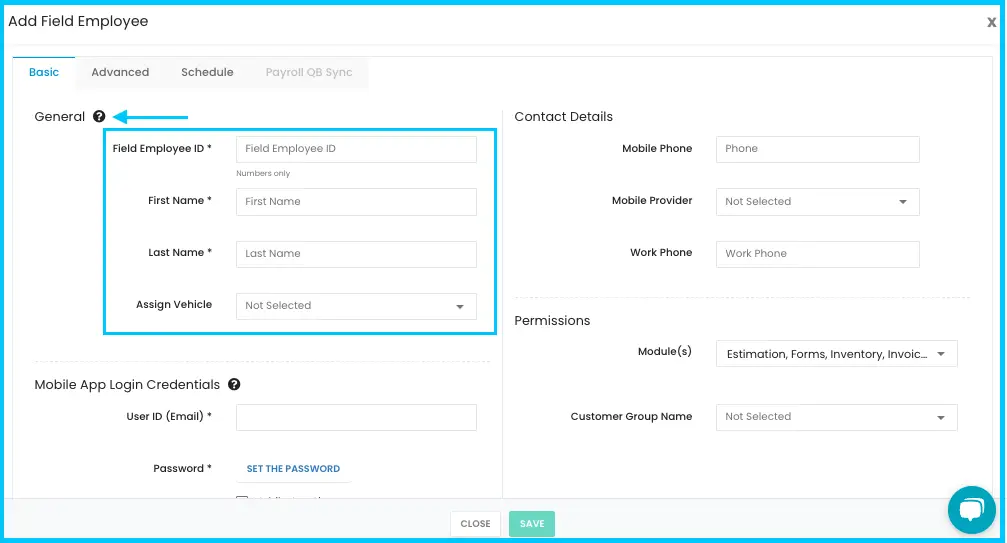 General information fields: Field Employee ID, name and vehicle