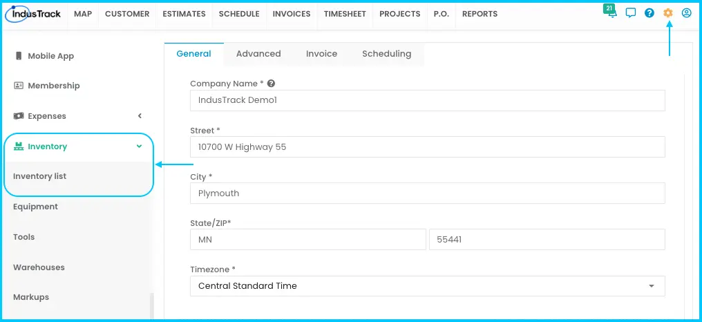 The Inventory List page under Settings > Inventory