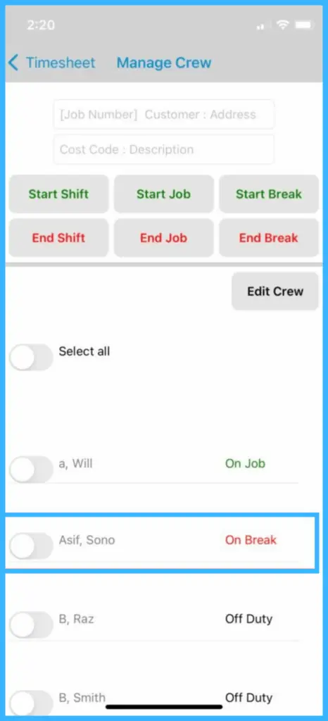 A crew member with the status On Break