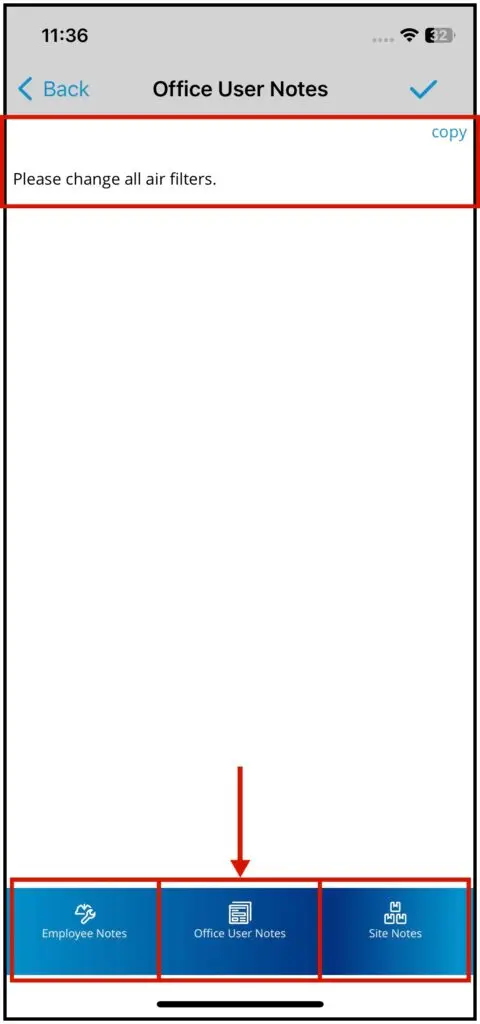 The Office Notes tab with the copy option
