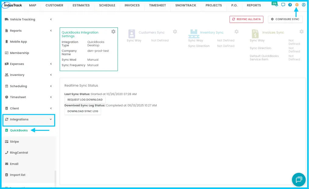 The QuickBooks page under Settings > Integrations