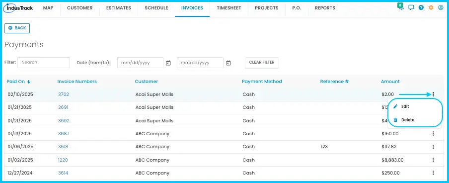 The Payments list with invoice numbers, customers, payment methods and amounts