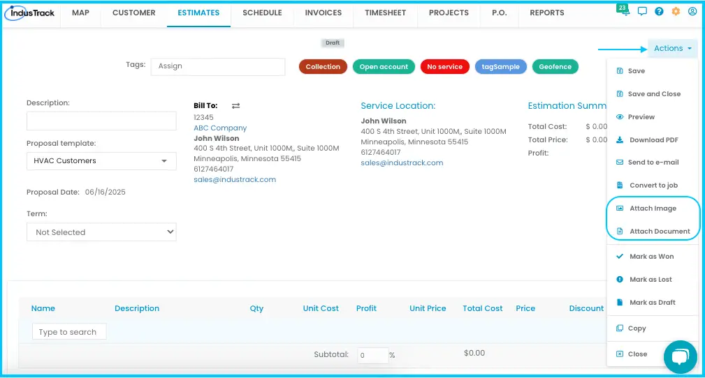 Documents and images attached to an estimate