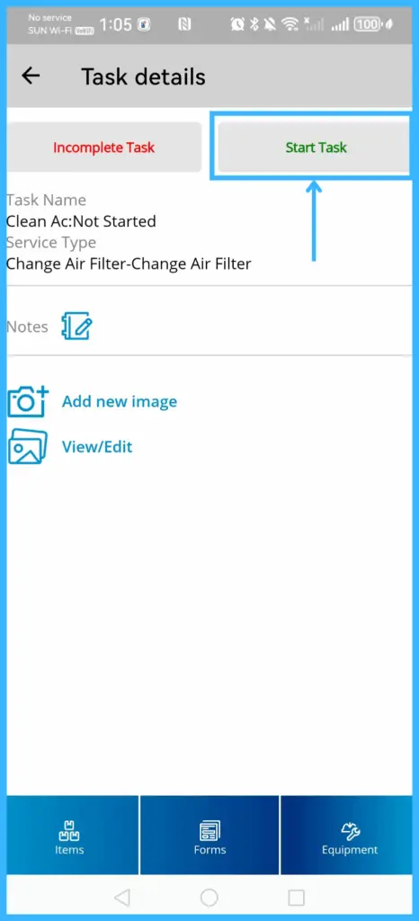 The Start Task and Incomplete Task buttons