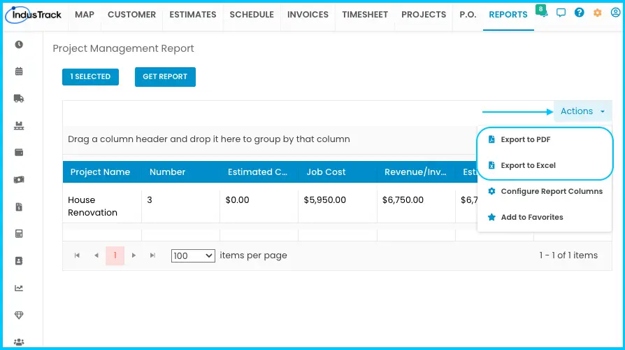 Export to PDF and Export to Excel in the Actions menu