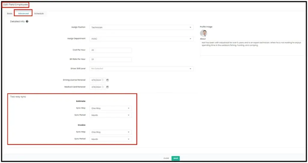 The Advanced tab for a field employee, with invoice and estimate sync settings