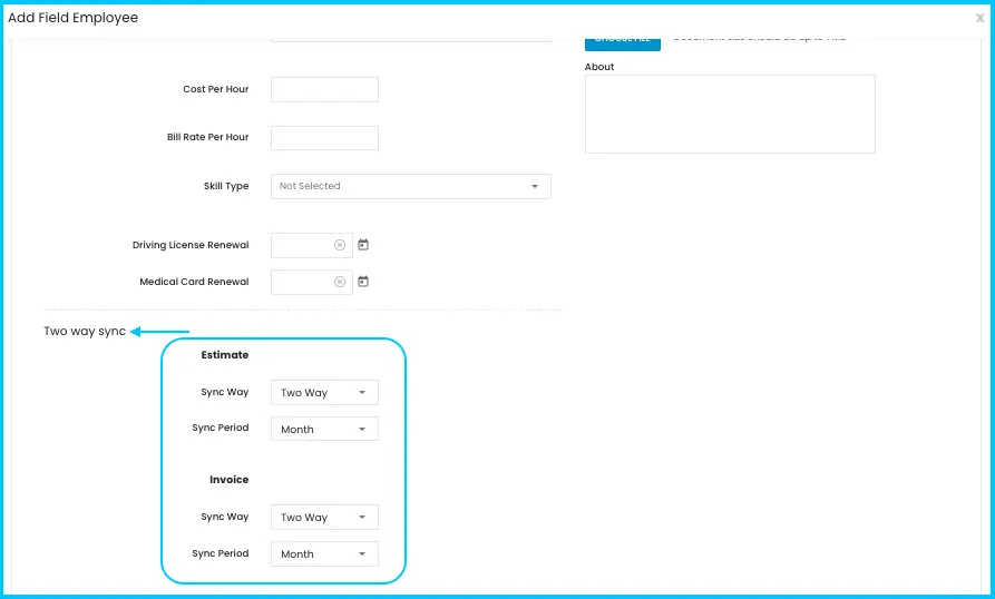 Estimate Sync and Invoice Sync settings