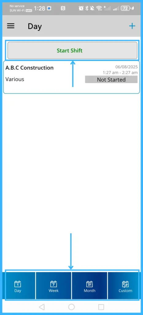 The job list with the Day, Week, Month and Custom views and the Start Shift button
