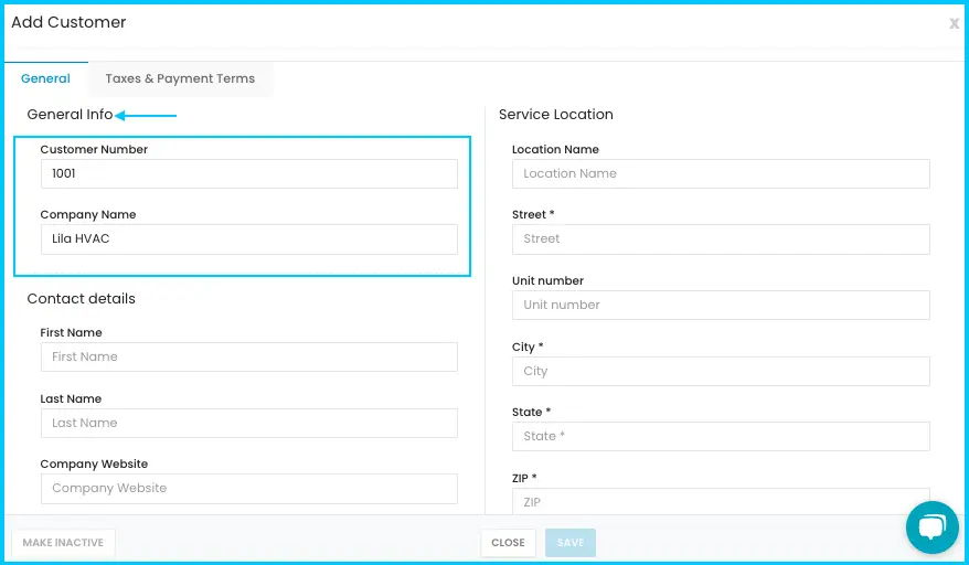 The General tab with the customer number and company name fields