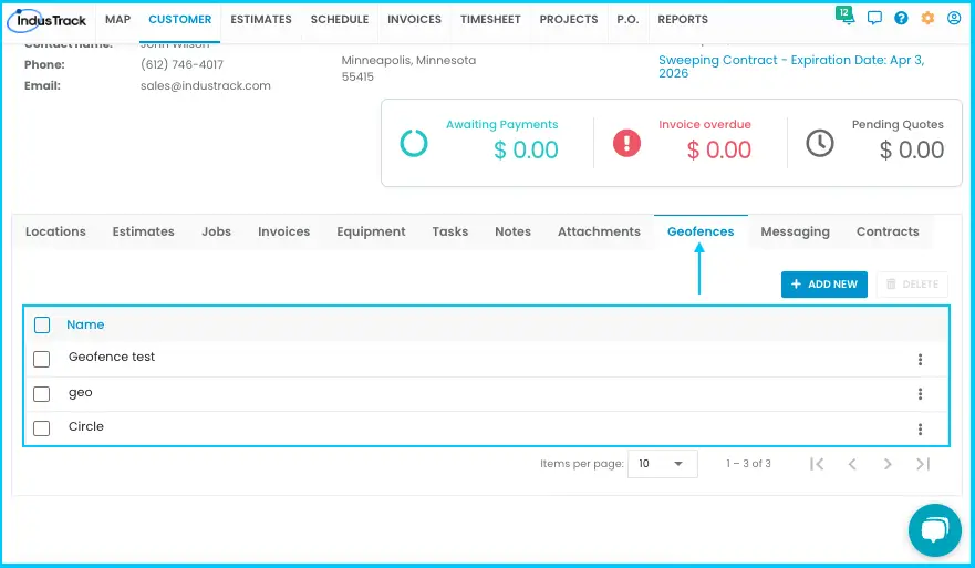 The Geofences tab on a customer profile