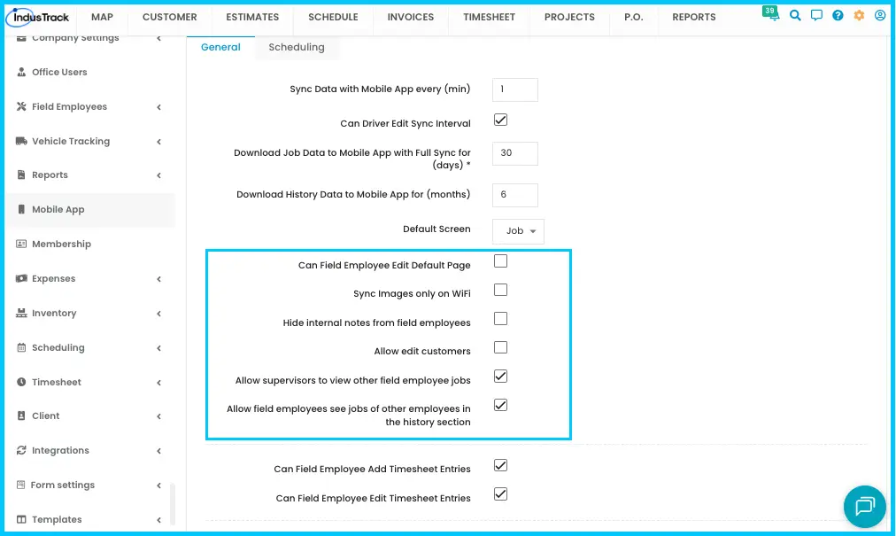 General tab checkboxes for images, internal notes, editing customers and viewing other employees' jobs