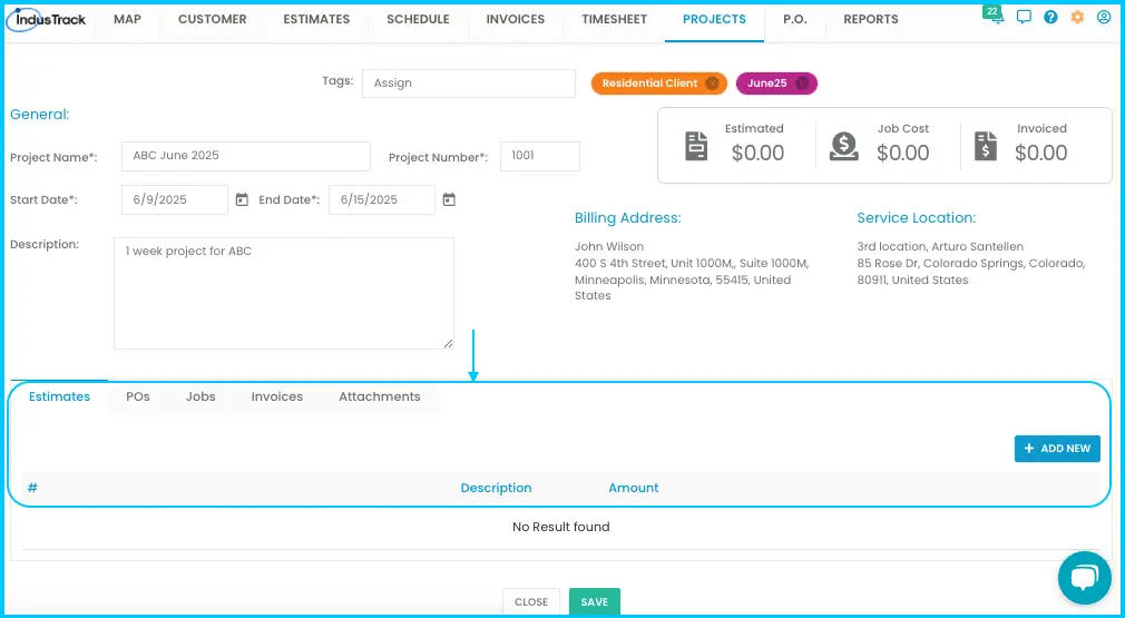 The Estimates, POs, Jobs, Invoices and Attachments tabs on the Project Page