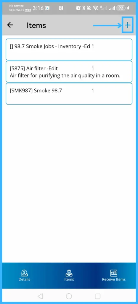 A purchase order's item list with the plus icon