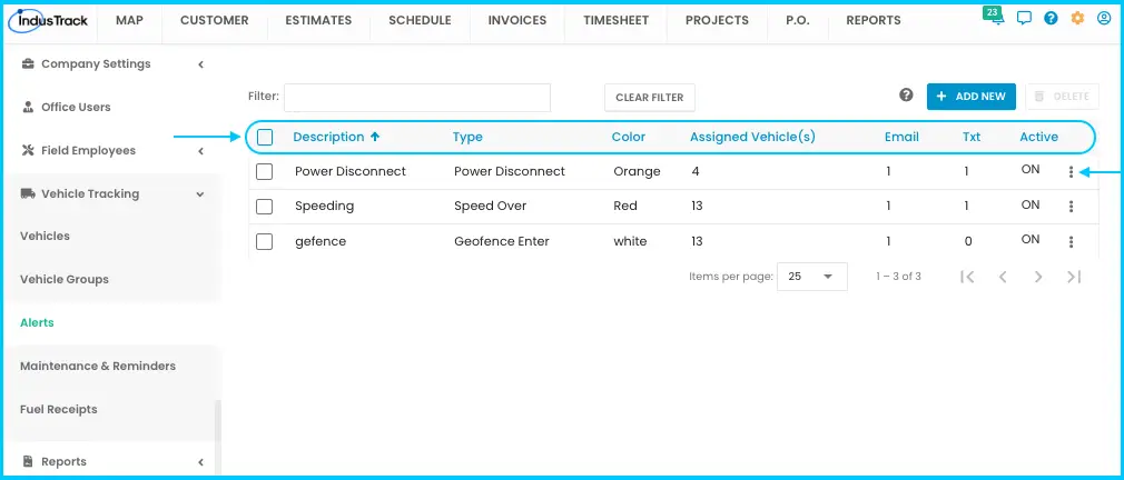 The vehicle alerts list with its columns