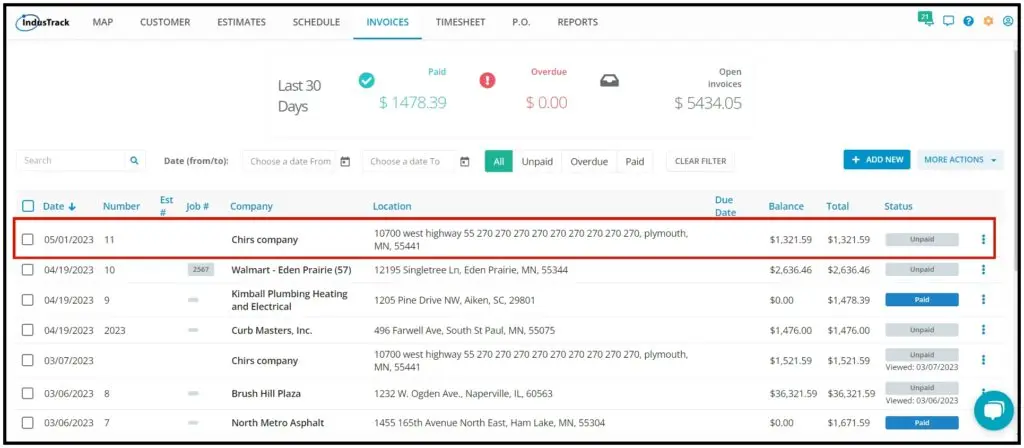 Synced invoices in IndusTrack