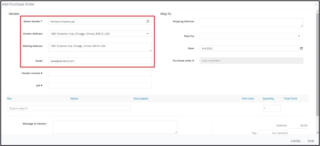 The vendor address and mailing address on a purchase order