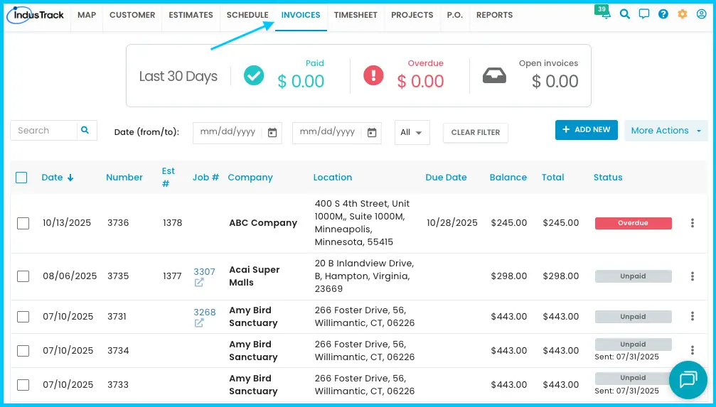 The invoice list with the Estimate and Job columns