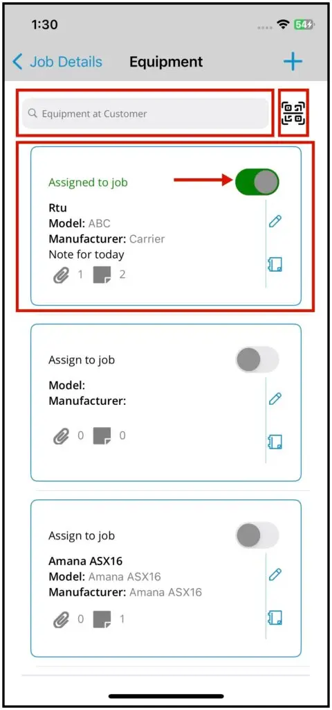 Customer equipment with the search bar, Scan Existing and toggles