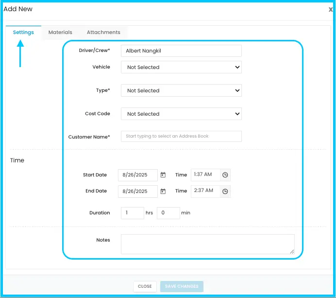 The SnowTrack record form with required fields