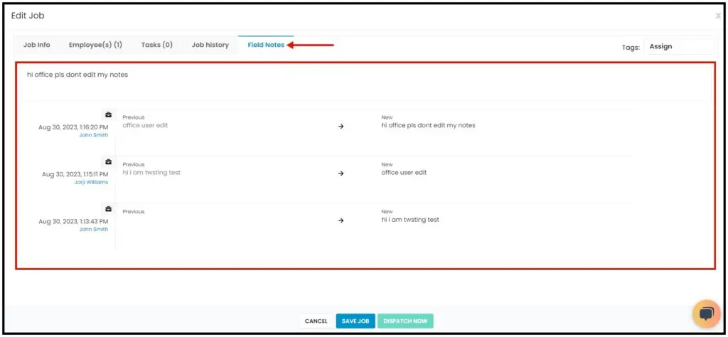 Field notes and their change history on the Edit Job page