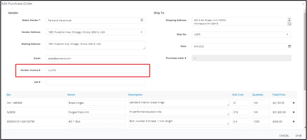 Entering the vendor invoice number on the purchase order