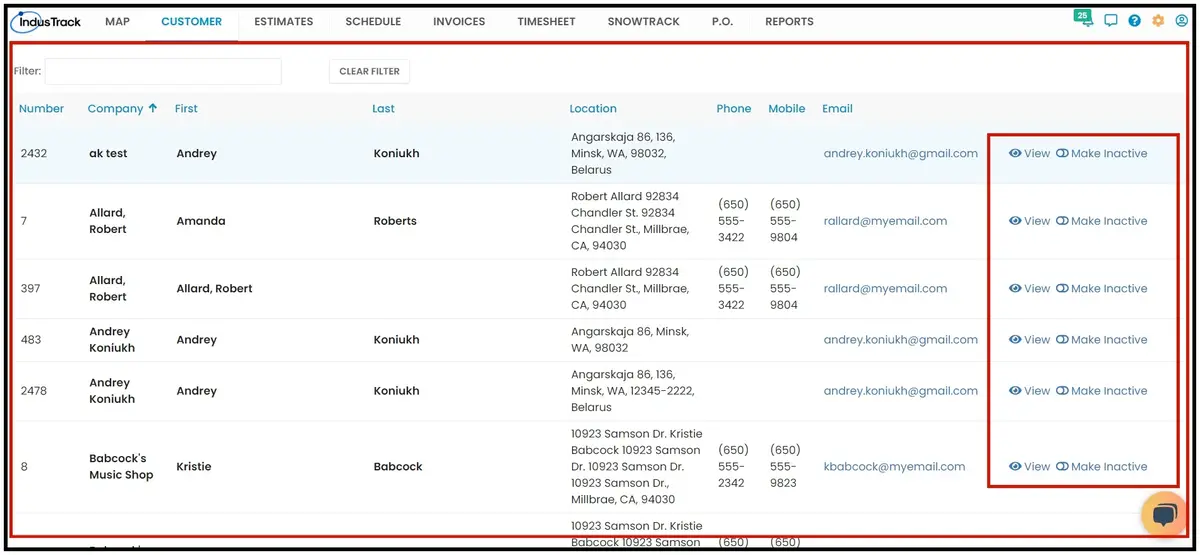 The Customer Duplicates list with View and make-inactive options