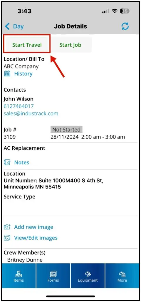 The Start Travel button on the job details page