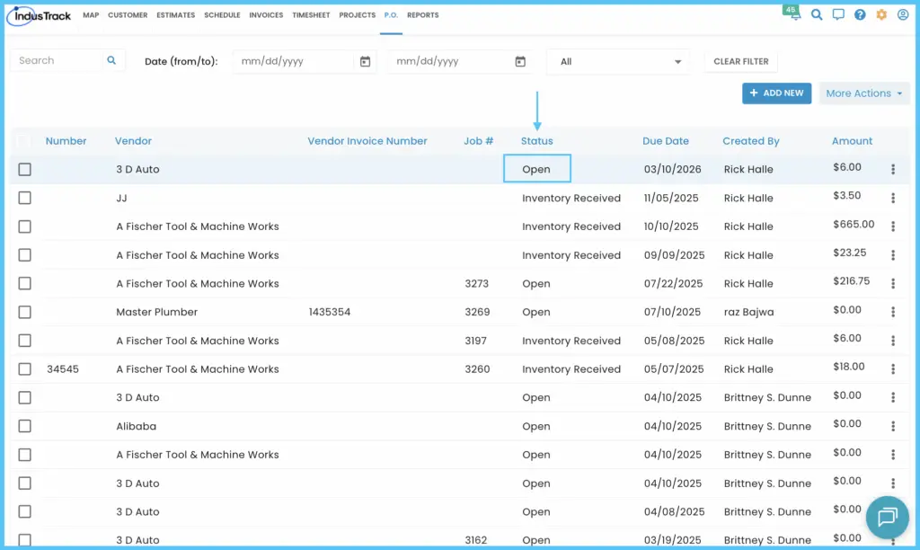 A new purchase order in the list with the status Open
