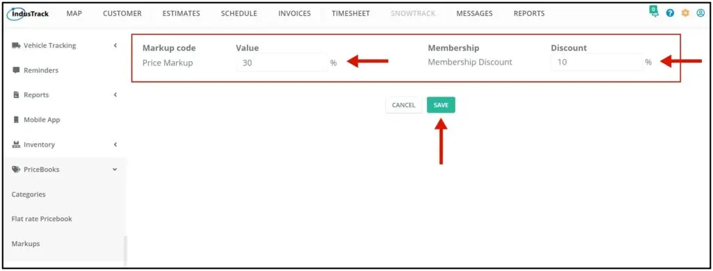 Entering the assembly markup and discount percentages and saving