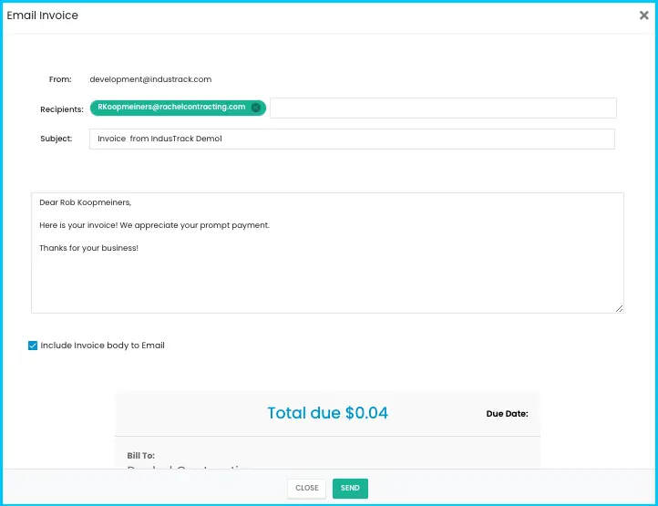 The email window for sending an invoice