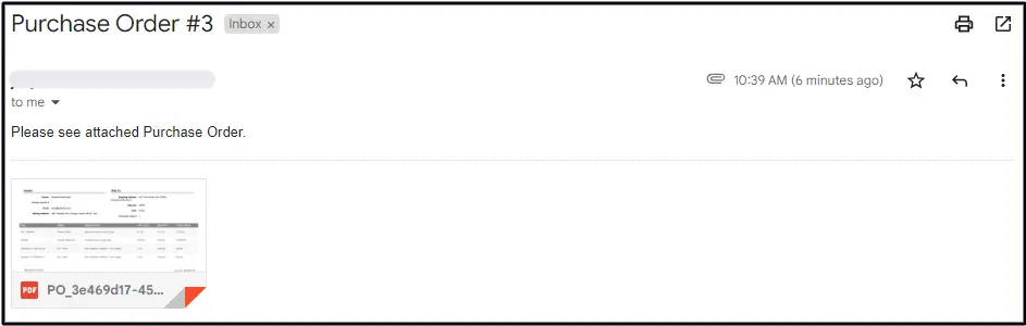 The email the vendor receives, with the purchase order PDF attached